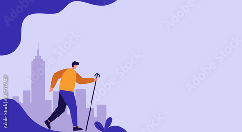Man walking with a stick against a city skyline, symbolizing urban exploration, health, and a balanced lifestyle in the city. Ideal for travel or fitness themes.