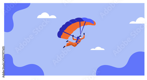 Person skydiving with an orange and blue parachute against a blue sky, symbolizing adventure, freedom, and extreme sports.