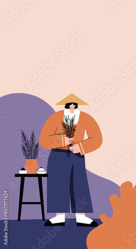 Illustrative depiction of a person in a conical hat, holding harvested rice stalks, symbolizing traditional farming and Asian culture.