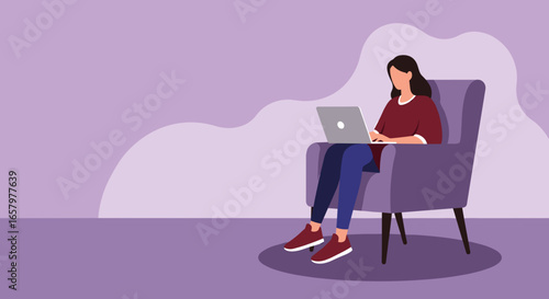 Woman working remotely on laptop from a comfortable armchair at home. Ideal for remote work, education, online business, or leisure concepts.