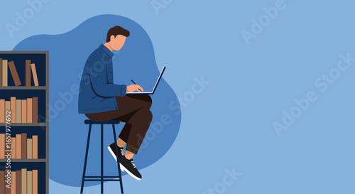 Man studying or working remotely on a laptop in a cozy home library setting, ideal for education, business, and technology themes.