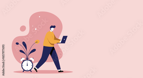Man walking and working on a laptop, symbolizing multitasking, remote work, and effective time management. Ideal for productivity, business, and digital lifestyle concepts.