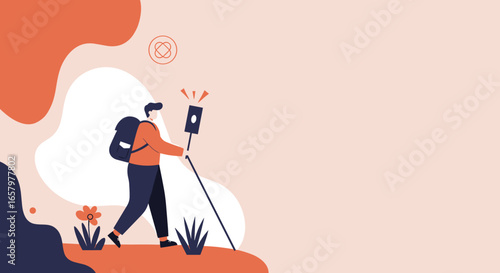 Illustration of a person exploring nature with a backpack and selfie stick, representing modern travel, adventure, and digital content creation. Ideal for lifestyle and tourism themes.