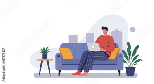 Man comfortably working remotely or studying from home on a laptop, embracing flexible modern lifestyle and digital connectivity.
