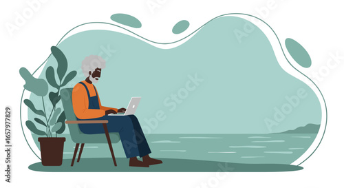 Elderly man uses laptop in a relaxed, serene setting, embracing modern technology for work or leisure. Ideal for lifestyle and digital freedom concepts.