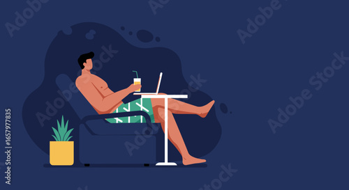 Man relaxing in a chair with a laptop and drink, embracing leisure or remote work. Perfect for modern lifestyle, vacation, and business concepts.