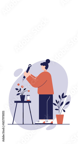 Person using a pipette to water a potted plant at home, symbolizing nurturing, growth, and a calming domestic hobby.