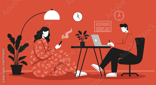 Two people working remotely in a modern home office setting, one using a laptop and another on a smartphone, depicting flexible work and digital connectivity.