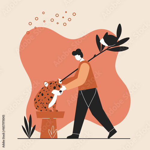Caring for exotic animals: a person interacts with a spotted wild cat on a stand, offering a bird on a stick. Concept of wildlife protection.