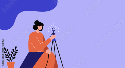 Focused woman creating online content, recording a podcast, or live streaming. Ideal for themes of digital media, remote work, and communication.