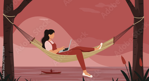 Woman working on laptop in a hammock by a serene lake, embracing remote work and digital nomad lifestyle in nature at sunset.