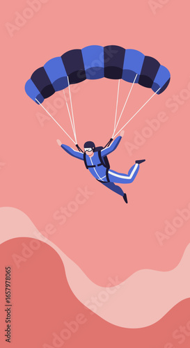 Skydiver gracefully descends with an open parachute, embodying the thrill and freedom of extreme sports. Perfect for adventure, lifestyle, and travel concepts.