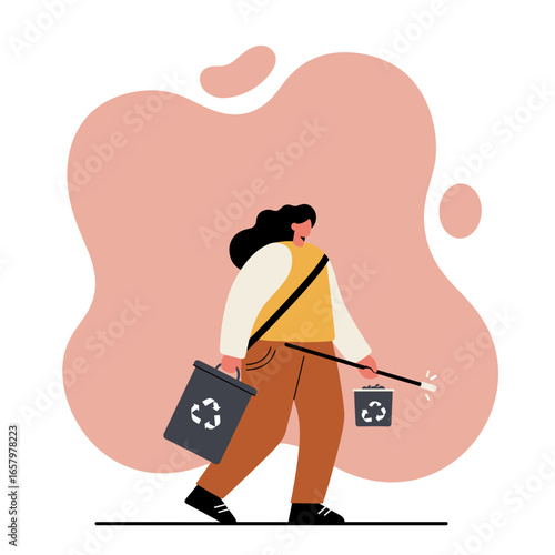 Woman with a magic wand and recycling bins, symbolizing effortless eco-friendly initiatives and sustainable waste management. Green concept.