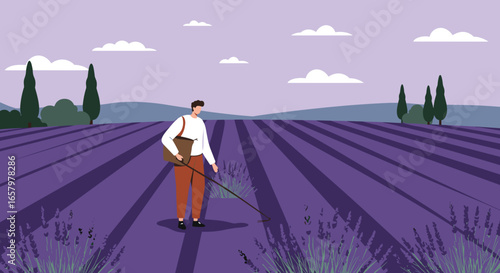 Man harvesting lavender in a beautiful purple field, symbolizing agriculture, natural beauty, and a serene rural lifestyle. Perfect for travel and wellness concepts.