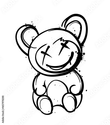 A bold black and white vector illustration of a teddy bear with graffiti inspired sketch lines, crossed out eyes, and playful ink splatters