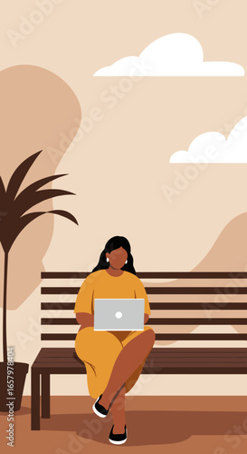 A woman works remotely on her laptop outdoors, enjoying flexible work or study in a park setting. Modern digital nomad lifestyle.
