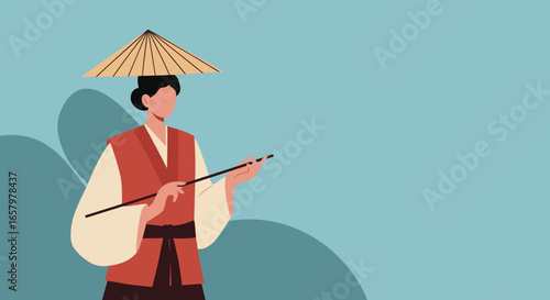 Illustration of a person in traditional East Asian attire and conical hat, holding a stick. Represents culture, travel, and heritage with ample copy space.