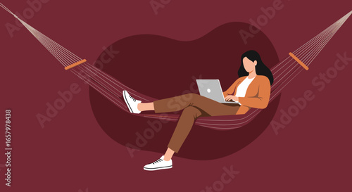 Woman comfortably working on laptop in a hammock, representing modern remote work, digital nomad lifestyle, and work-life balance.