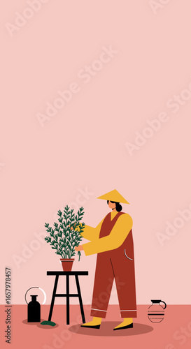 Person in traditional conical hat tending to a potted plant, symbolizing gardening, nature connection, and a tranquil lifestyle. Ideal for hobby, home, and relaxation themes.
