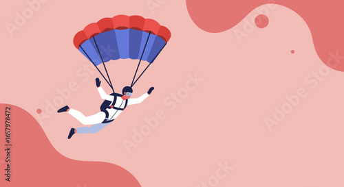 Person skydiving with an open parachute against an abstract background, symbolizing adventure, freedom, and overcoming challenges. Ideal for travel, lifestyle, or business concepts.