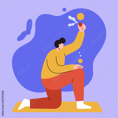 Man on mat in a creative pose, generating new ideas and concepts. Represents imagination, problem-solving, and innovative thinking for business or lifestyle.