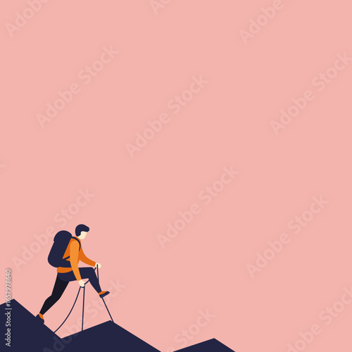 Determined person hikes up a mountain with trekking poles, symbolizing adventure, progress, and overcoming challenges. Perfect for travel, lifestyle, business themes.