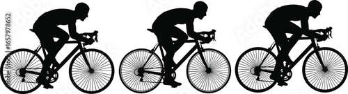 Set of three cyclist silhouette icons in aerodynamic racing positions for sport and fitness design