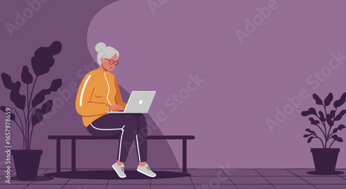Elderly woman actively using a laptop in a comfortable home setting. Represents modern seniors embracing technology, digital learning, remote work, or leisure.