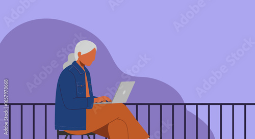 An elderly woman works remotely on her laptop from a balcony, embodying modern work-life balance and digital engagement for seniors. Ideal for business and lifestyle themes.