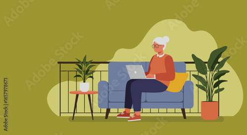 An active senior woman uses a laptop outdoors on a comfortable balcony, embracing technology for work, communication, or leisure in a peaceful setting.