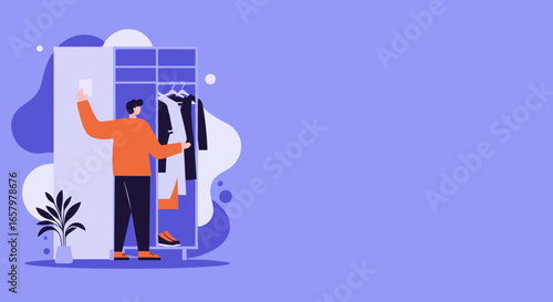 Person selecting outfit from a modern wardrobe at home. Represents daily routine, personal style, and efficient organization. Lifestyle concept.