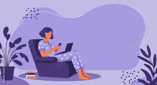 Woman in pajamas works from home comfortably on laptop and phone, embodying remote work and a modern digital lifestyle.