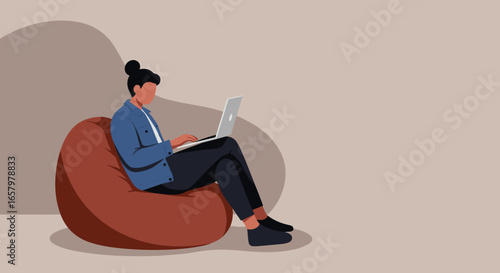 Person working remotely from home on a beanbag chair, illustrating comfort, productivity, and modern flexible work-life balance.