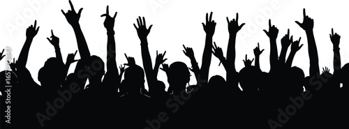 Silhouette of cheering crowd with raised hands at music concert festival party celebration isolated vector illustration