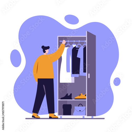 Person choosing clothes from an organized wardrobe, depicting daily routine, personal style, and home life. Ideal for lifestyle or fashion concepts.