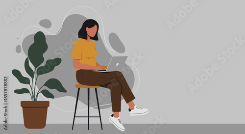 Woman working remotely on a laptop in a modern, minimalist setting with a houseplant, depicting flexible work, productivity, or online learning.