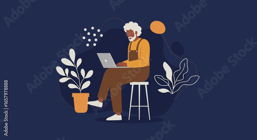 Happy senior man using a laptop, embracing technology for remote work, online learning, or communication. Modern lifestyle and digital connectivity for older adults.