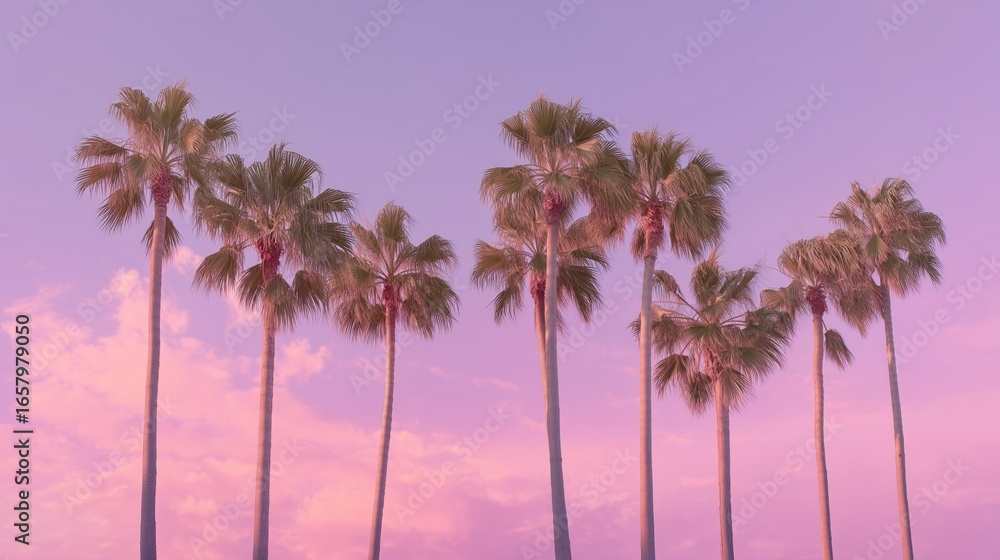 Fototapeta premium seven palm trees against pastel pink and lavender sky minimal scene