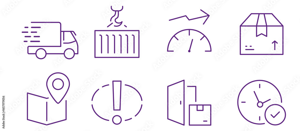 Naklejka premium Logistics and delivery icons representing tracking, speed, and efficiency.