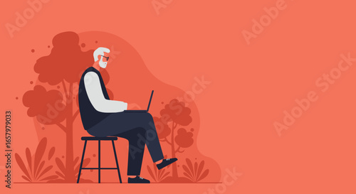 Happy senior man with beard and glasses using a laptop outdoors. Represents modern retirement, remote work, online learning, and digital lifestyle. Copy space.