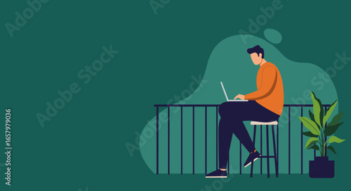 Man working on laptop from a tranquil balcony or patio, embodying remote work, digital lifestyle, and modern productivity.
