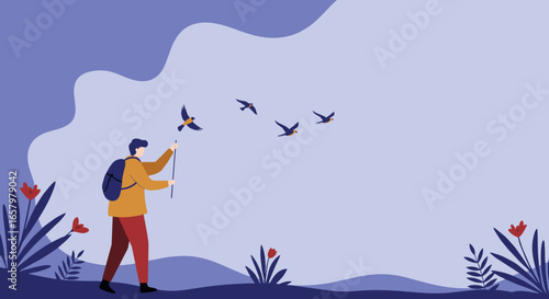 Person with backpack and walking stick exploring nature with flying birds. Represents travel, adventure, freedom, and outdoor lifestyle.