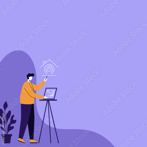 Man using technology for smart home management, integrating devices for modern living. Concept of automation, security, and future-proof residences.