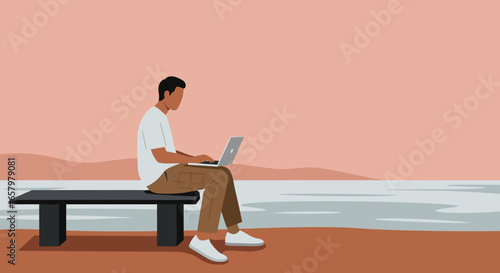 Man using laptop outdoors by water, embracing remote work and digital nomad lifestyle, combining technology with nature.