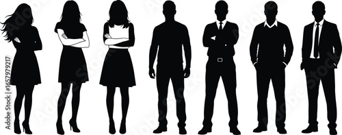 Silhouettes of diverse people standing in a row with varied postures and gender representation