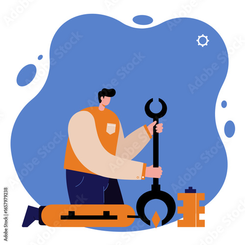 Illustration of a man holding a large wrench, symbolizing repair, maintenance, and technical support. Perfect for business, industry, and service concepts.