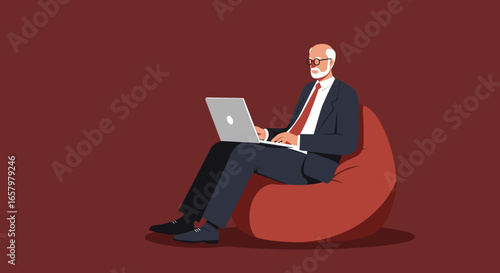 Senior businessman comfortably working on laptop from a beanbag chair, illustrating remote work, flexible lifestyle, and digital productivity.