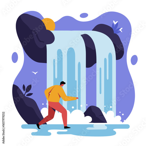 Vibrant illustration of a man exploring a majestic waterfall in a stylized natural landscape, symbolizing adventure, progress, and environmental connection. Ideal for travel or lifestyle concepts.