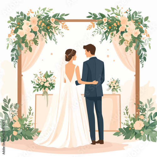 Romantic Couple in Wedding Attire at Floral Arch Ceremony
