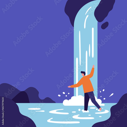 A man stands bravely in a refreshing waterfall, symbolizing nature's power and a journey of discovery or overcoming challenges. Ideal for travel, lifestyle, or self-improvement themes.